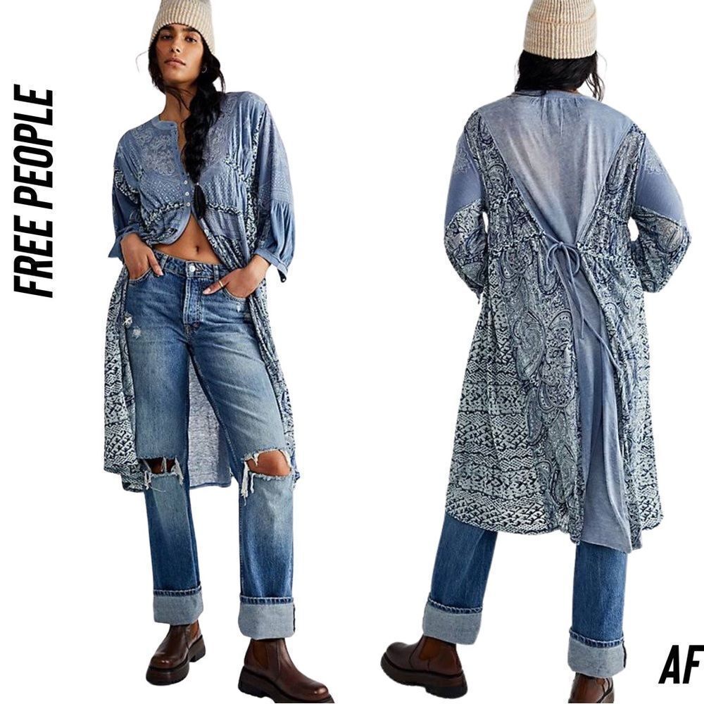 Free People Oh My Maxi Top Dress Duster Patchwork Piecing Indigo Button New